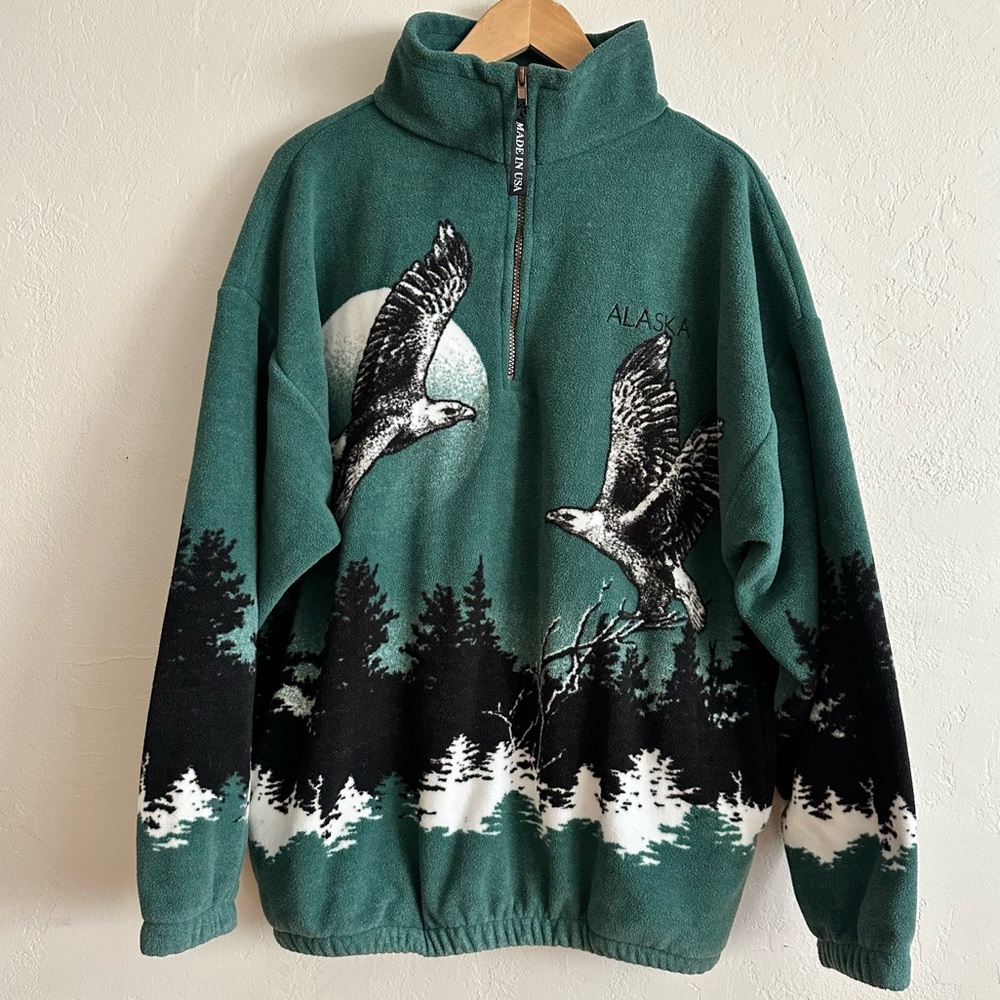Green Eagle Print Half-Zip Fleece Jacket